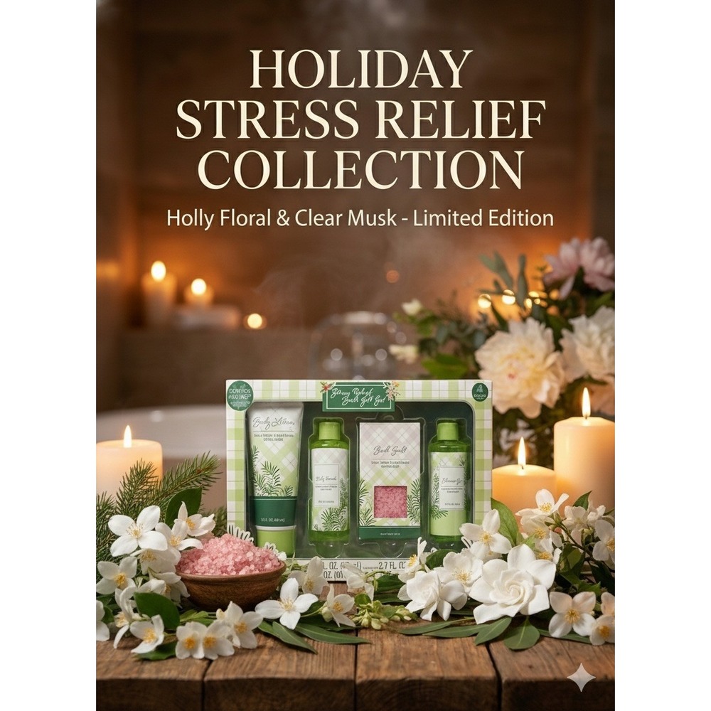 Stress Relief 4 Pieces Bath Gift Set Holly floral Clear Musk New